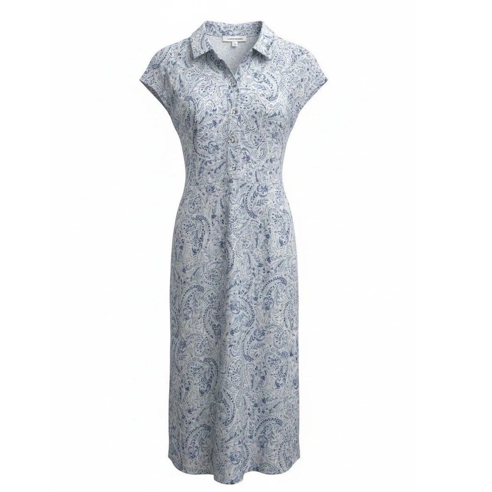 Lucky Brand Blue Paisley Linen Blend Midi Shirt Dress Cap Sleeve Pockets L jj